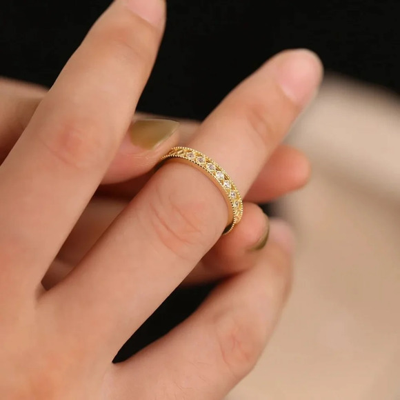 Women's Simulated Diamond Lattice 18k Gold Plated S925 Band Ring,‎ Adjustable - Picture 8 of 13